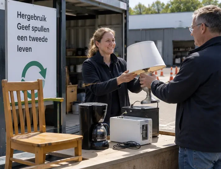 Bezoeker geeft een bruikbare tafellamp af bij een hergebruikpunt met andere huishoudelijke spullen
