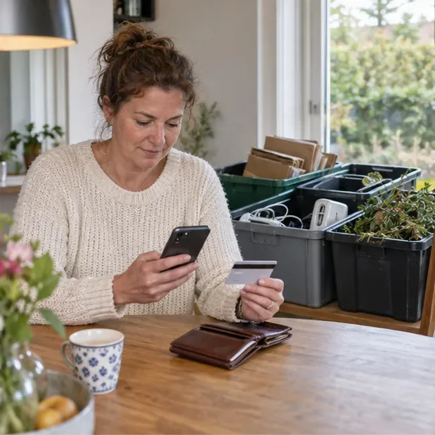 Een inwoner bekijkt thuis een reservering op haar telefoon en houdt een algemene toegangskaart vast naast gesorteerde afvalbakken