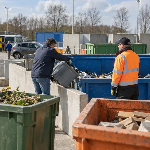 Een bezoeker brengt gesorteerd afval naar verschillende containers op een recyclingterrein terwijl een medewerker aanwijzingen geeft