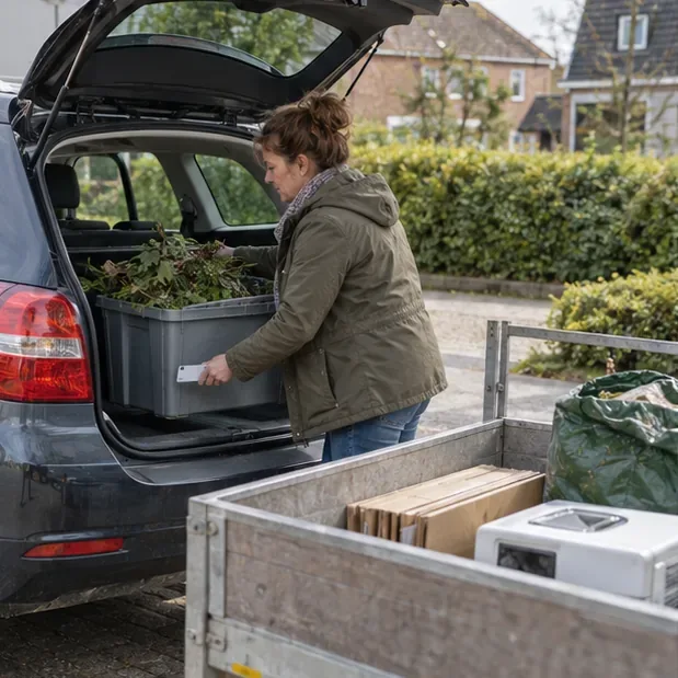 Een inwoner laadt gesorteerd afval in een auto en aanhanger op een woonerf