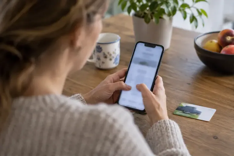 Een inwoner controleert informatie over de milieustraat op een smartphone naast een milieupas