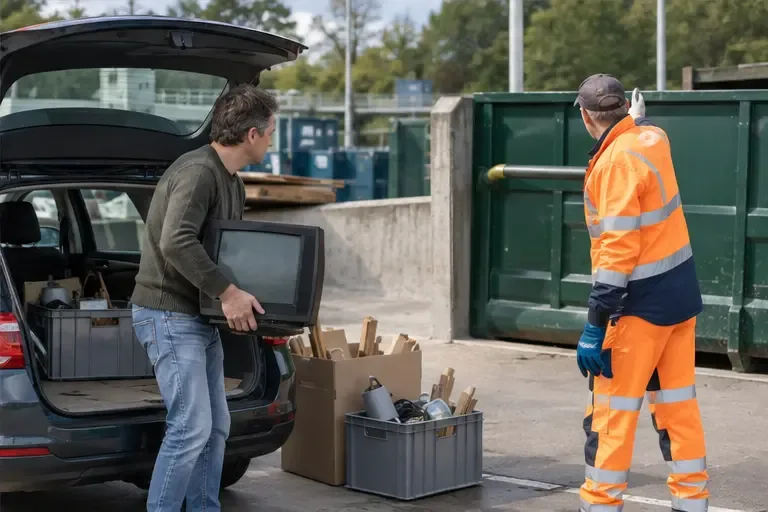 Een inwoner houdt een oude televisie vast terwijl een medewerker van een recyclingstation naar een container wijst