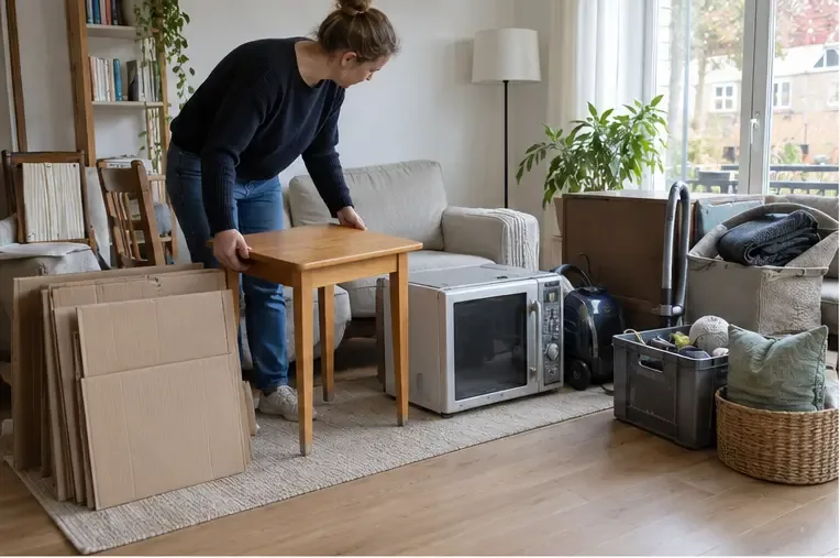 Een inwoner sorteert een tafel, kartonnen platen en huishoudelijke apparaten in een woning