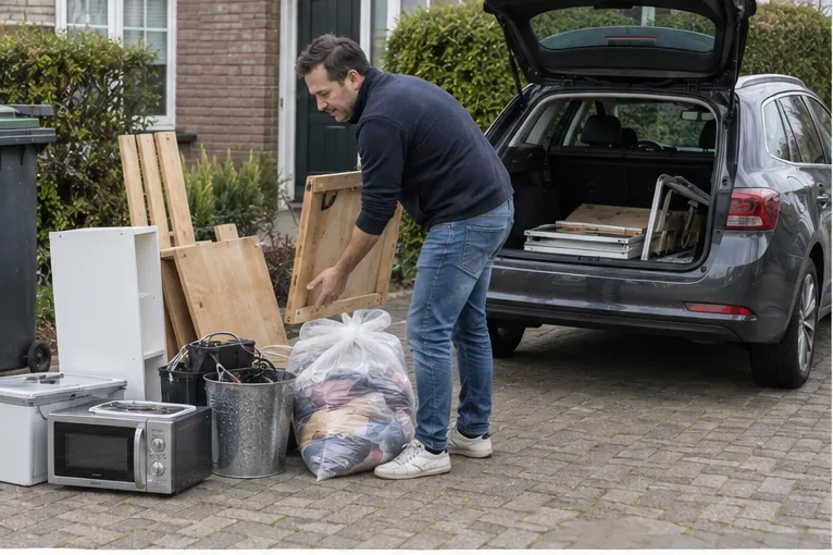Een inwoner sorteert thuis hout, een klein elektrisch apparaat, metaal en zakken textiel naast een geopende auto