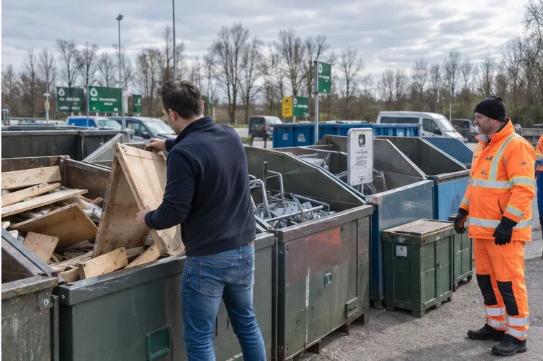Een bezoeker legt een houten meubelonderdeel in een aparte container terwijl een medewerker toezicht houdt op de gescheiden afvalstromen