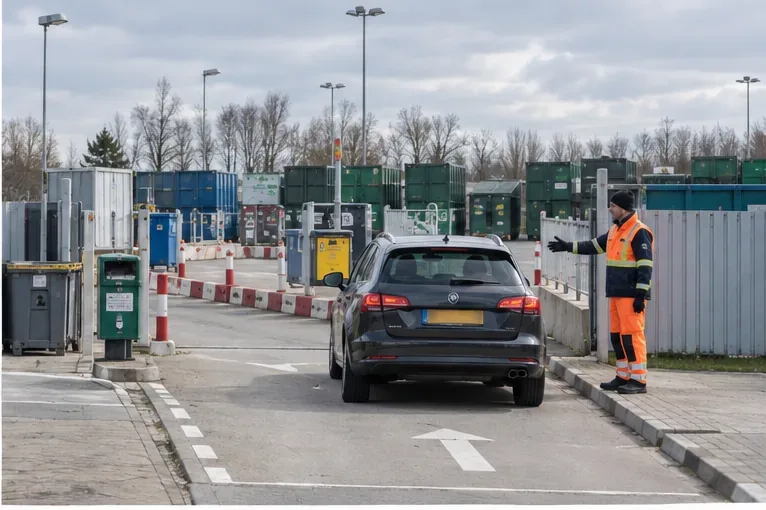 Een personenauto rijdt stapvoets een overzichtelijke milieustraat op terwijl een medewerker in reflecterende werkkleding aanwijzingen geeft