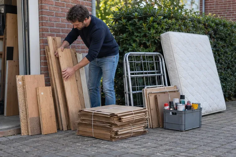 Een persoon sorteert hout, karton, een matras en andere spullen buiten een woning voordat hij naar een recyclingpunt gaat