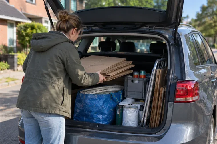 Een vrouw laadt gesorteerde dozen en andere materialen in de kofferbak van een auto voor een bezoek aan een milieustraat