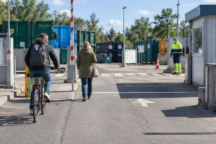 Een fietser en een voetganger komen aan bij een gemeentelijk recyclingterrein terwijl een medewerker bij de ingang staat