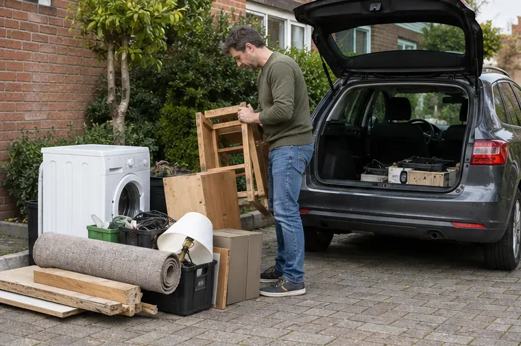 Een inwoner sorteert meubels, hout, vloerbedekking en een elektrisch apparaat naast een auto voordat hij naar de milieustraat gaat