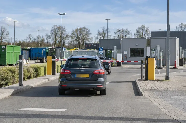 Een personenauto rijdt naar de ingang van een gemeentelijke milieustraat met slagboom en afvalcontainers