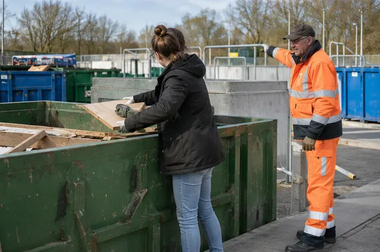 Een bezoeker legt hout in een container terwijl een medewerker bij de milieustraat aanwijzingen geeft