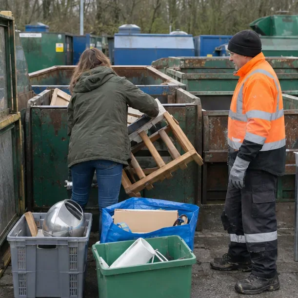 Een bezoeker brengt hout naar een container terwijl een medewerker in werkkleding aanwijzingen geeft; bakken met ander afval staan ervoor.