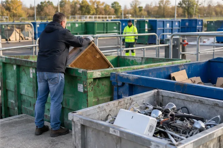 Een bezoeker legt een houten meubelstuk in een grote container terwijl andere containers met karton en afgedankte apparatuur gescheiden staan.