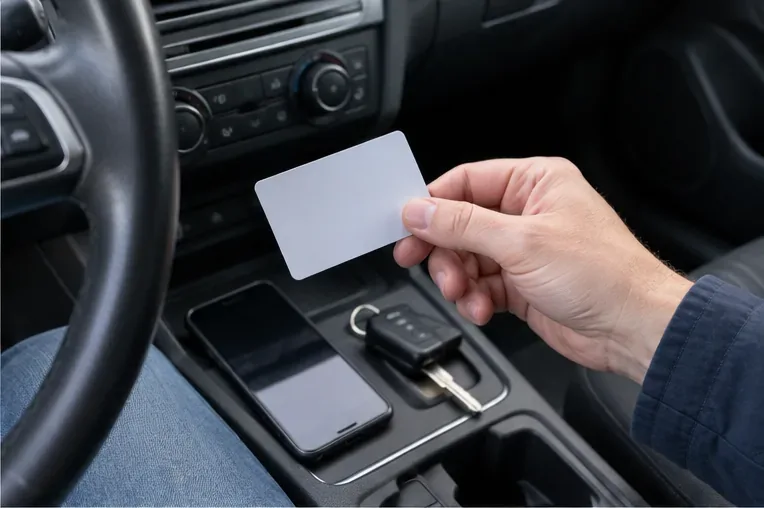 Een bestuurder houdt in de auto een blanco toegangspas vast naast autosleutel en telefoon, klaar voor vertrek naar een afvalbrengstation.