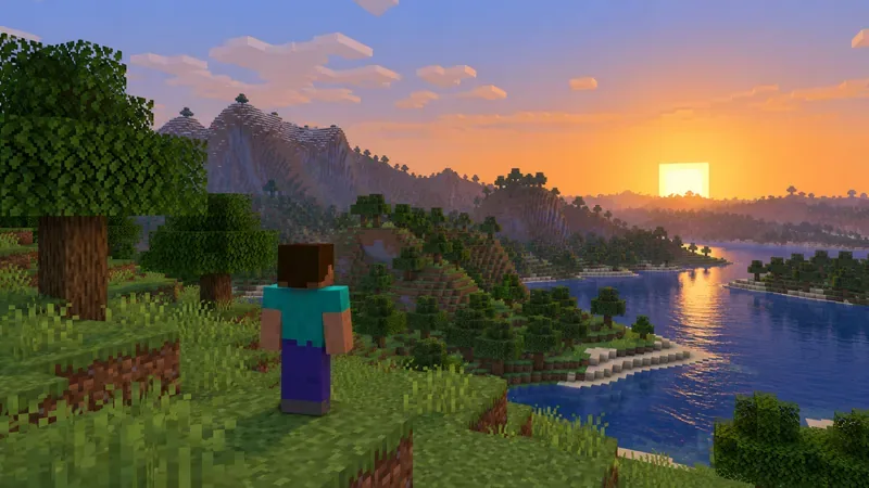 A block-built player avatar looks across a grassy Overworld landscape toward a river and setting sun.