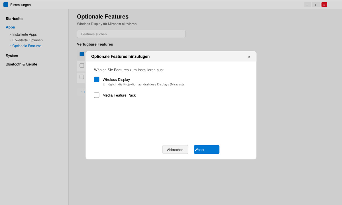 Windows 11 Dialog zum Hinzufügen der Wireless Display Funktion