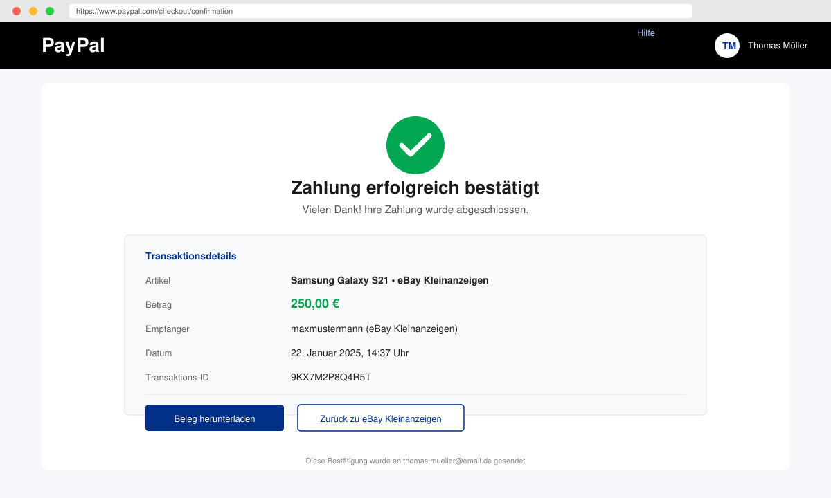 PayPal-Zahlungsbestätigungsseite mit Artikelbeschreibung