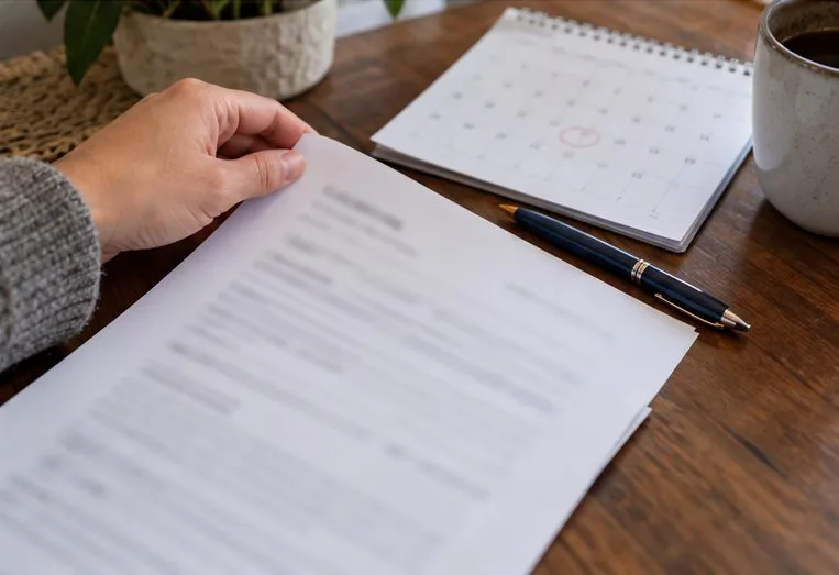 A hand reviews a mortgage rate document beside a calendar and pen