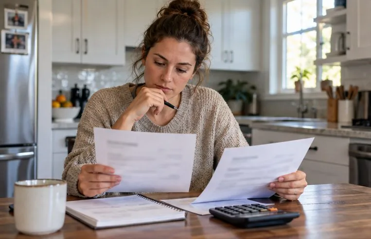 A homebuyer compares mortgage estimate papers at a kitchen table with a calculator and pen