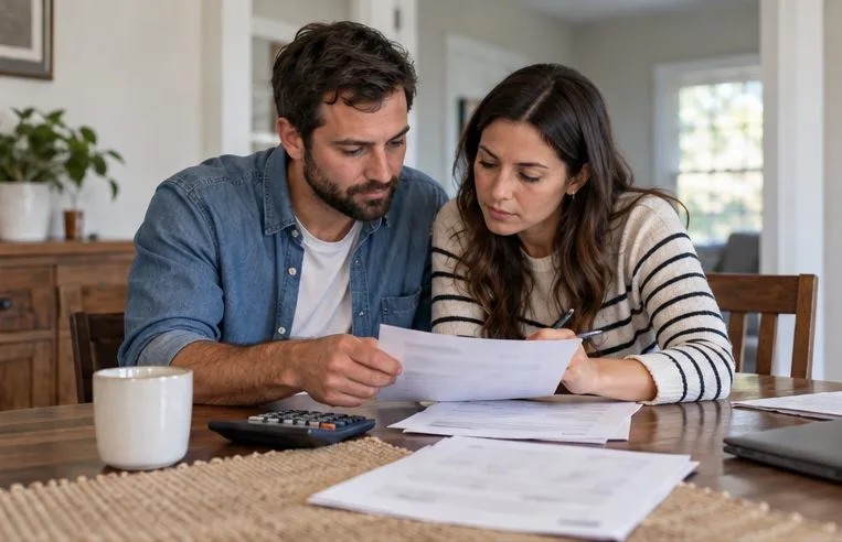 A couple reviews mortgage paperwork and a calculator together at a dining table
