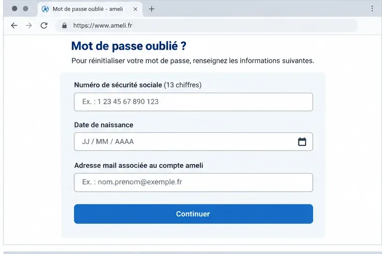 Formulaire de réinitialisation demandant le numéro de sécurité sociale, la date de naissance et l’adresse mail associée au compte ameli.