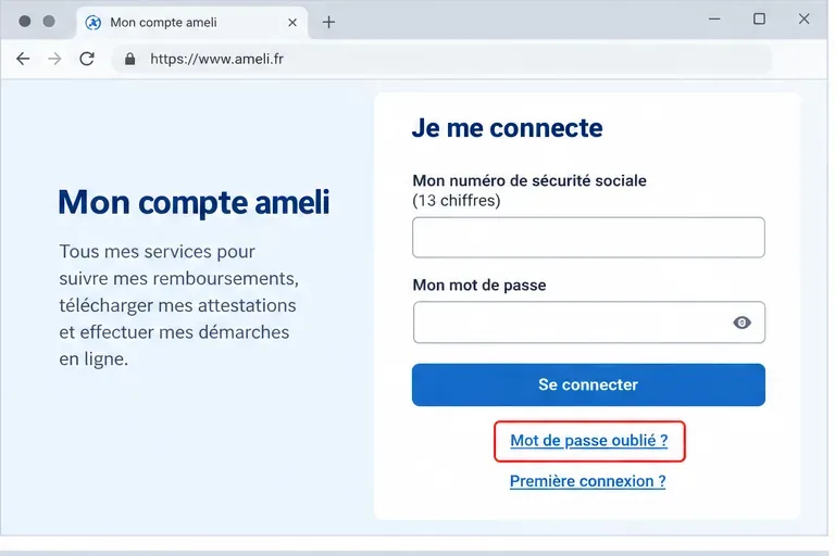 Écran de connexion au compte ameli avec le lien « Mot de passe oublié ? » sous le bouton de connexion.