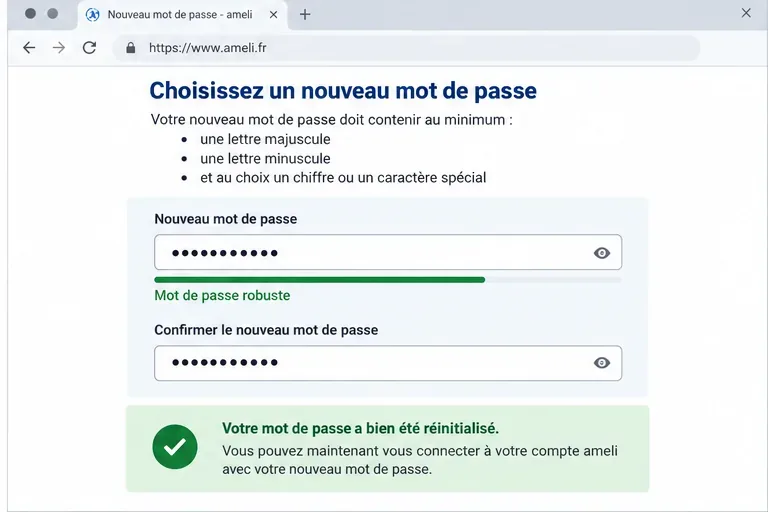 Écran de création d’un nouveau mot de passe avec champs de saisie et rappel des critères de robustesse.