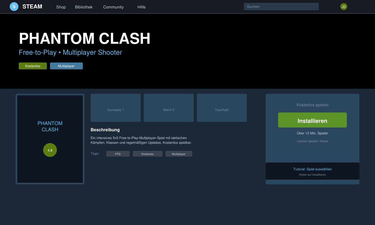 Steam Store mit markiertem Free-to-Play-Filter und Multiplayer-Tag