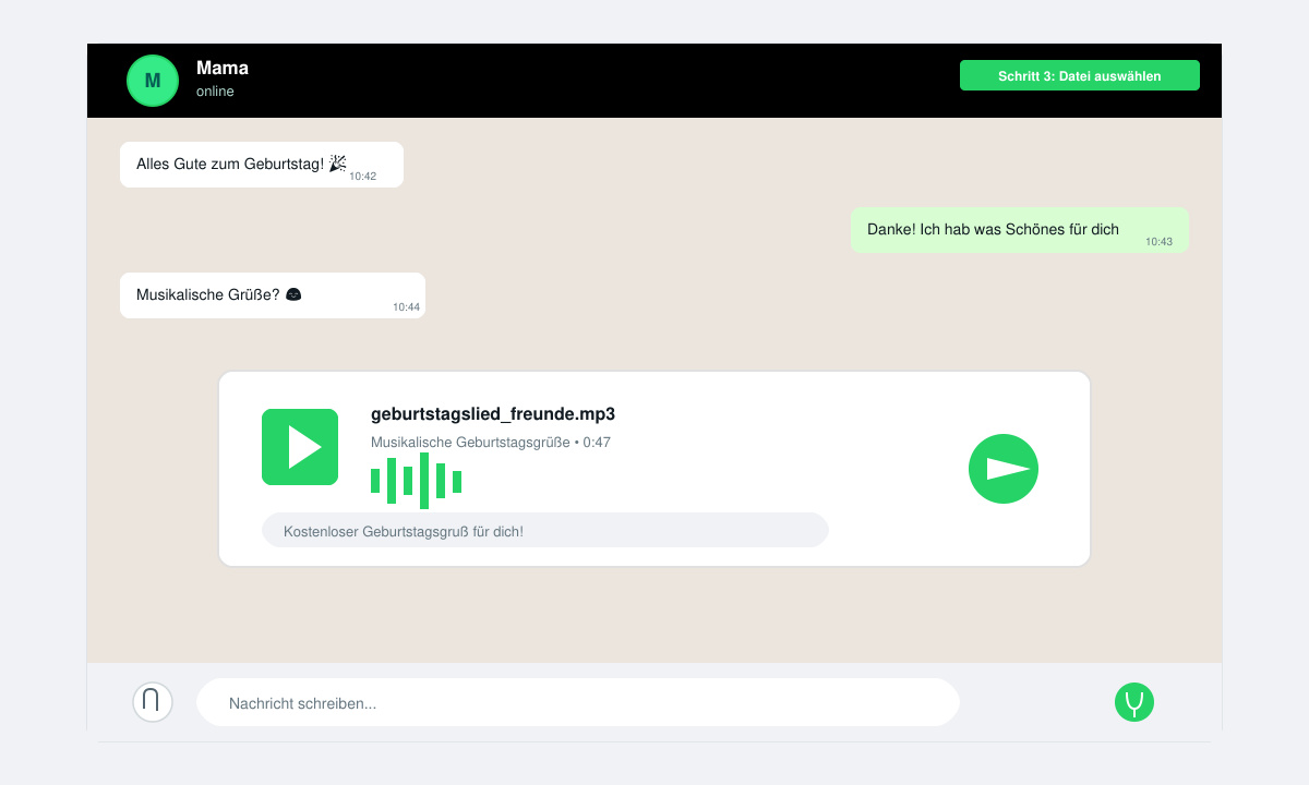 WhatsApp-Chat-Fenster mit ausgewählter Audiodatei und Senden-Button.