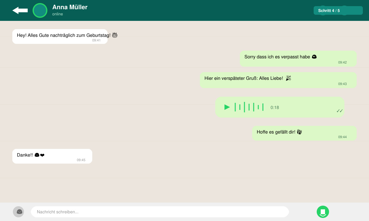 WhatsApp-Chat nach dem Versenden mit mehreren Nachrichten, Emojis und einer Sprachnachricht-Blasenansicht