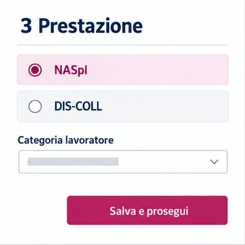 Sezione “Prestazione” con NASpI selezionata, DIS-COLL come altra voce e un campo per la categoria del lavoratore.