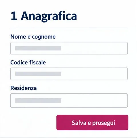 Modulo “Anagrafica” con campi per nome e cognome, codice fiscale e residenza.