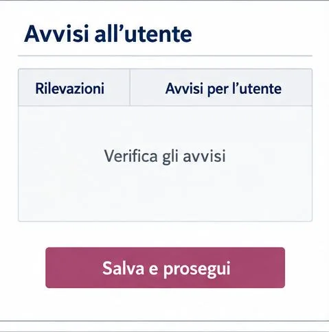 Riquadro “Avvisi all’utente” con le schede “Rilevazioni” e “Avvisi per l’utente”.