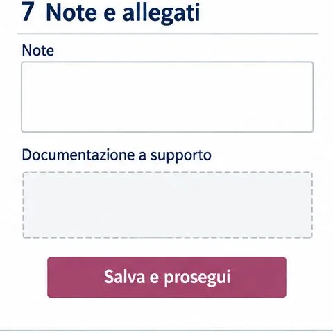 Area “Note e allegati” con un campo per le note e uno spazio per documentazione di supporto.