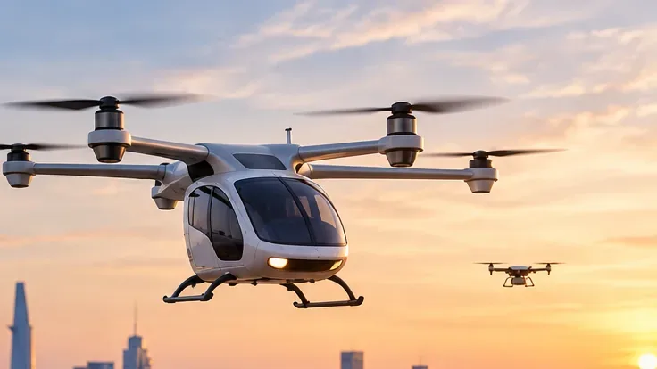 A multirotor air taxi and a small drone flying above a city skyline at sunset, illustrating mixed low-altitude traffic that UTM must coordinate.