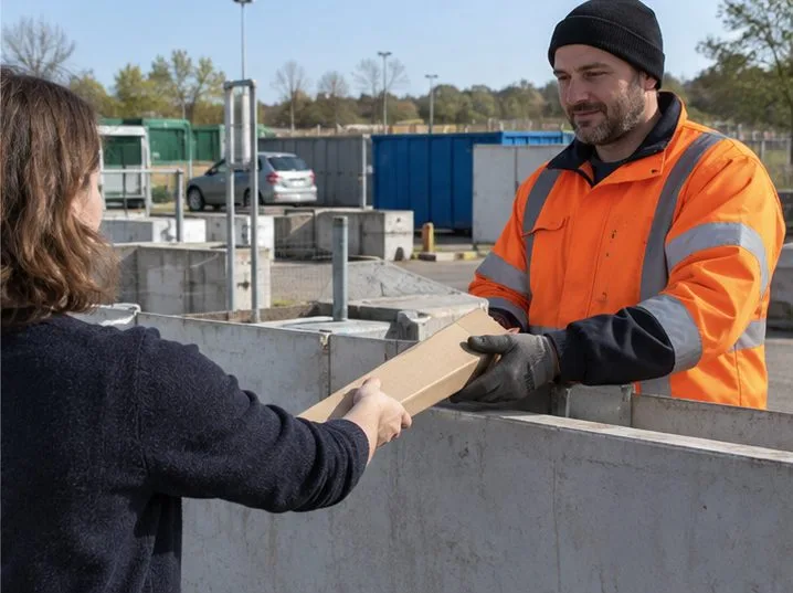 Une personne remet un long emballage à un agent en tenue haute visibilité dans un centre de recyclage