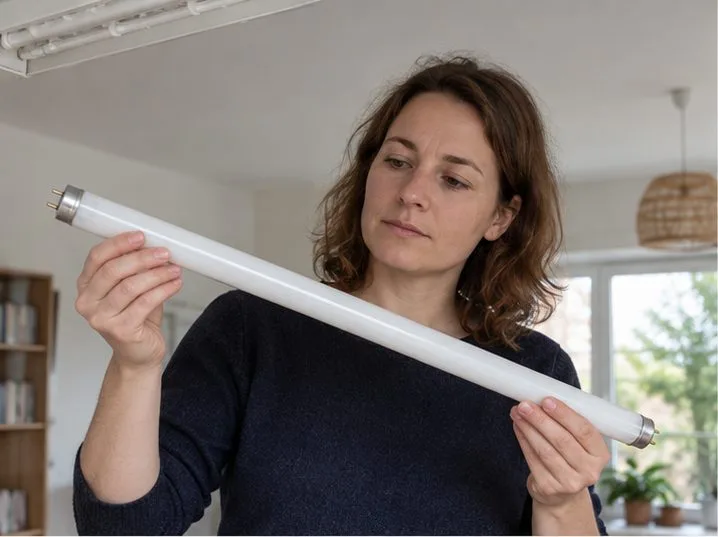 Une personne examine un tube fluorescent intact près d’un luminaire débranché, avant de choisir son point de collecte