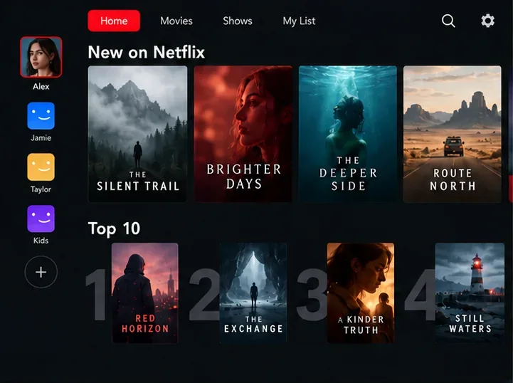 Illustrative streaming home screen with New on Netflix and Top 10 rows, profile icons, and fictional movie cards.