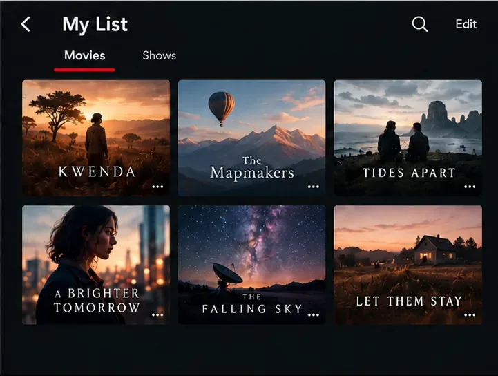 Illustrative My List screen with Movies and Shows tabs and fictional saved titles.