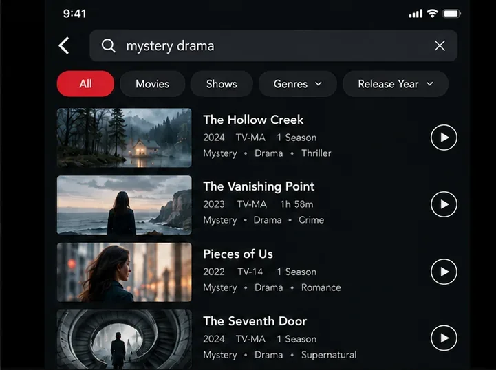 Illustrative mobile search screen for mystery drama, with fictional show and movie results and genre filters.