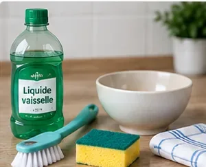 Brosse souple, liquide vaisselle doux, bol et chiffon préparés pour nettoyer le filtre d’un lave-vaisselle