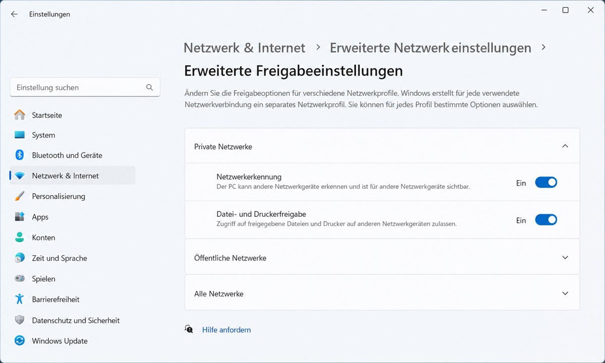 Windows 11 Einstellungen mit aktivierten Netzwerkerkennungs-Optionen