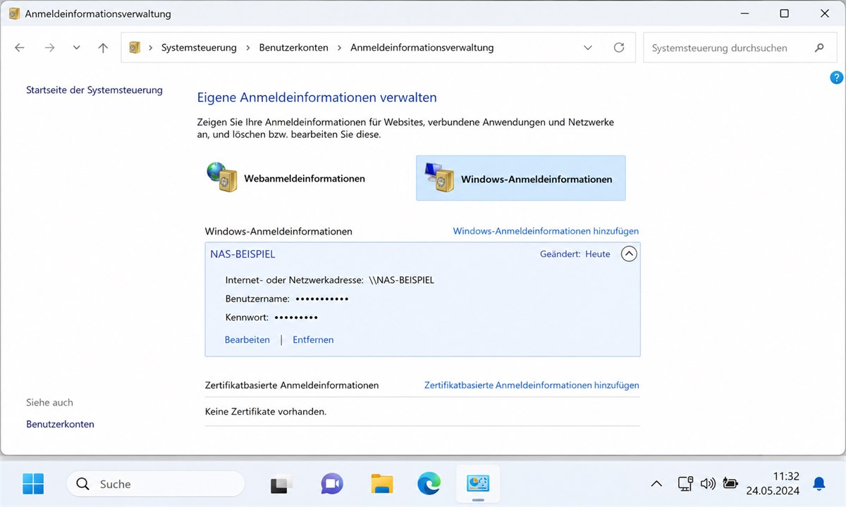 Anmeldeinformations-Manager mit gespeicherten Netzlaufwerk-Zugangsdaten