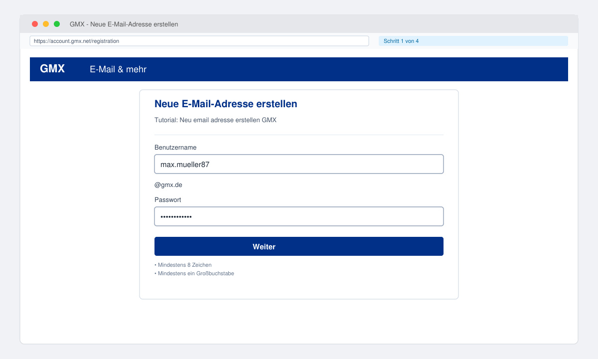 GMX Registrierungsseite mit Eingabefeldern für neue E-Mail-Adresse