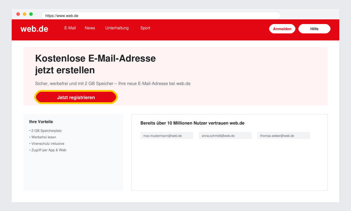 Browserfenster mit web.de Startseite und markiertem Button zum Erstellen einer neuen E-Mail-Adresse