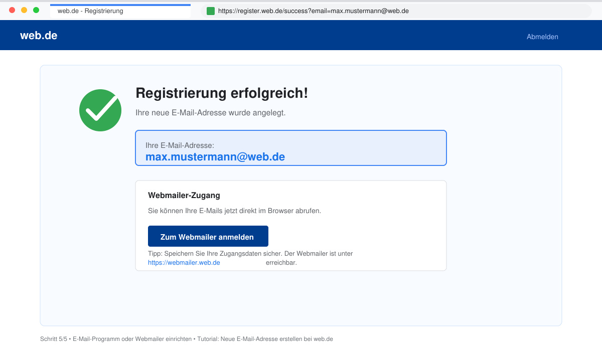 Bestätigungsseite nach erfolgreicher Verifizierung mit angelegter neuen E-Mail-Adresse