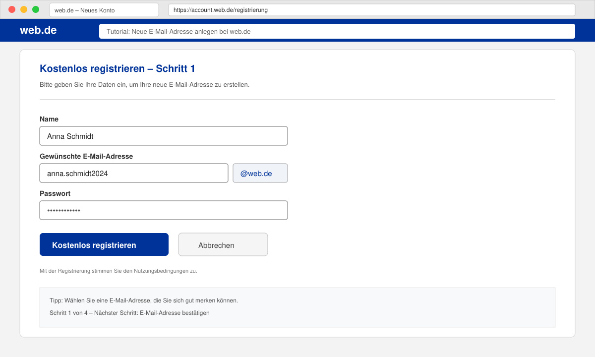 Startseite web.de mit Button zum Erstellen einer neuen E-Mail-Adresse