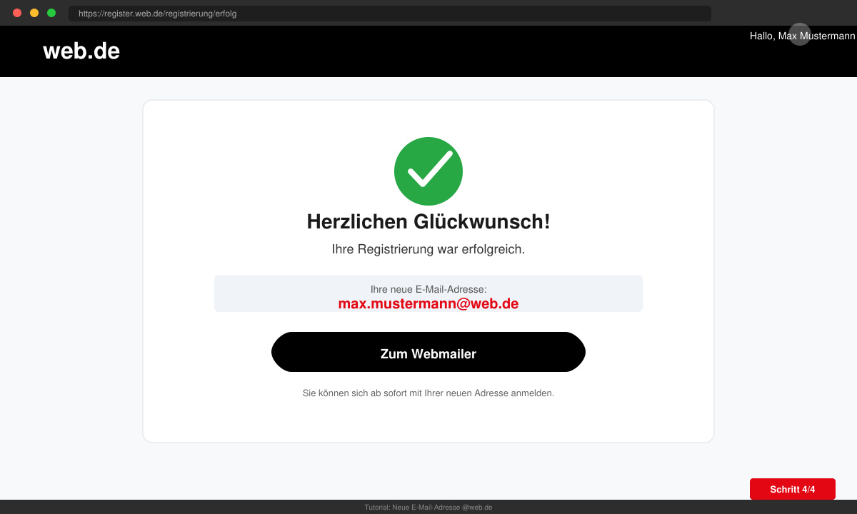 Erfolgreich erstelltes Postfach nach der Registrierung einer neuen e mail adresse web de