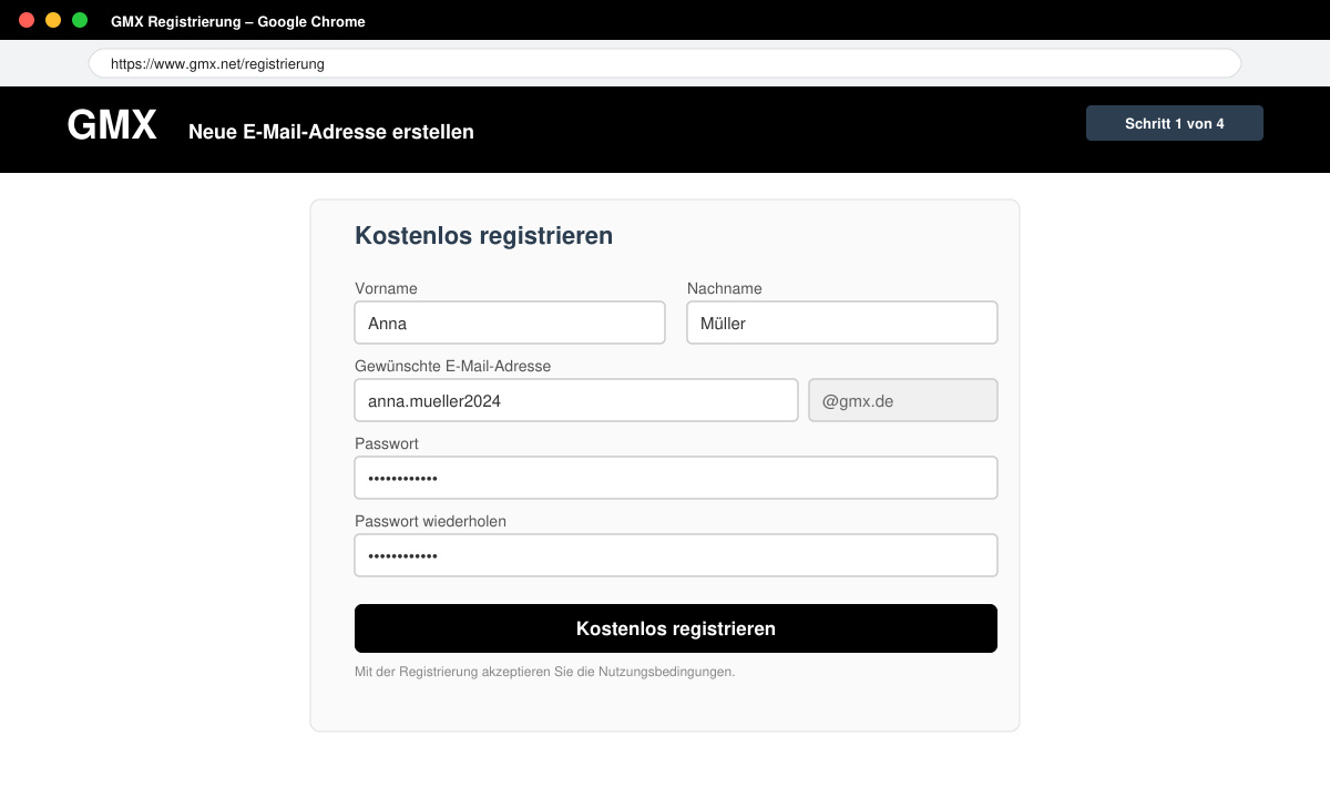 Formular zur Eingabe der persönlichen Daten bei der GMX Registrierung